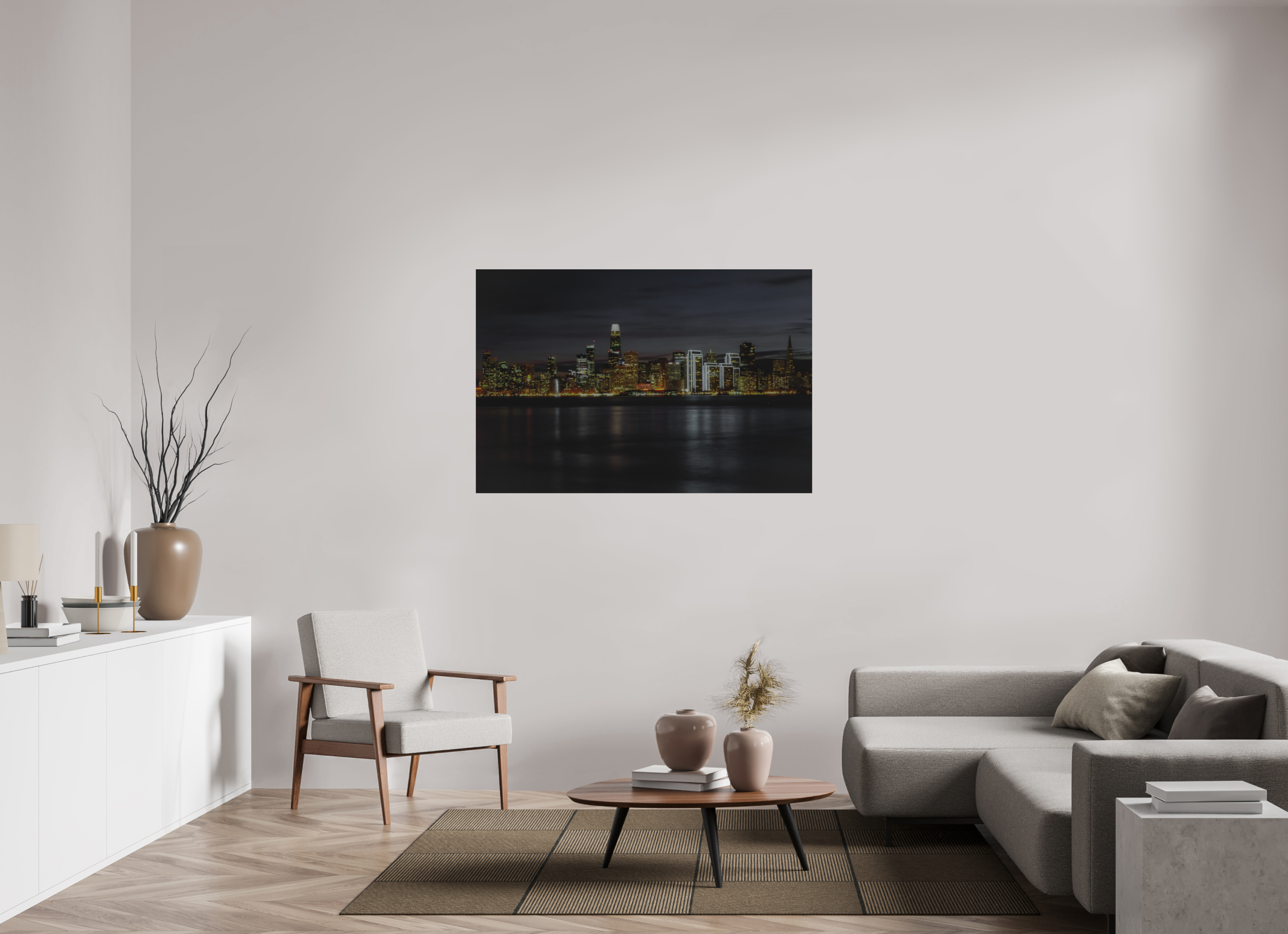 54 x 36″, ChromeLuxe Brushed City Skyline by Night
