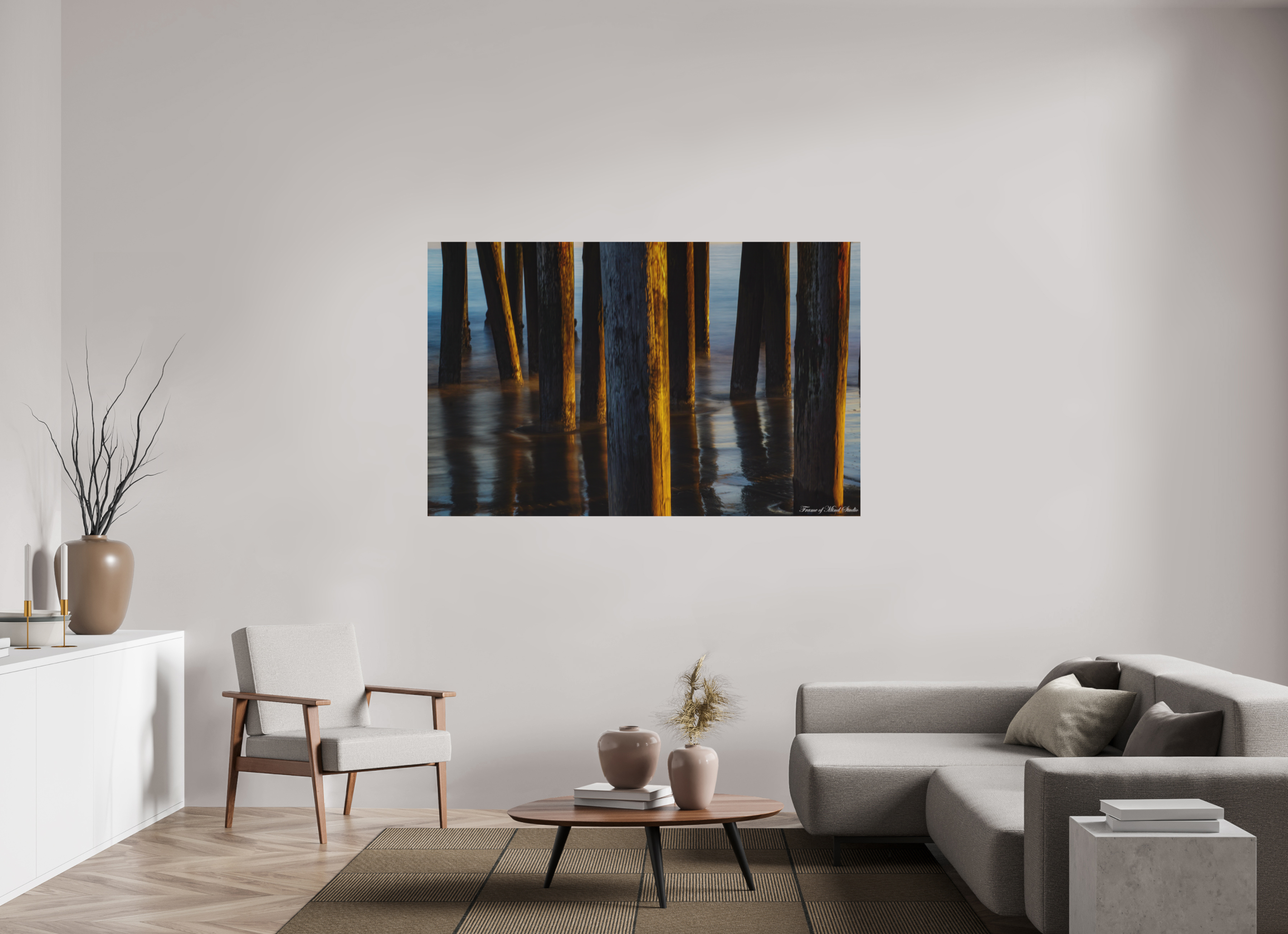 67.8 x 43″, ChromeLuxe Brushed Pier at Sunset